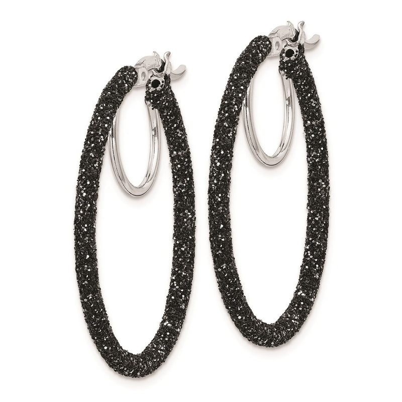 Sterling Silver Rhodium/Black Glitter Enamel 2X30mm Hoop Earrings