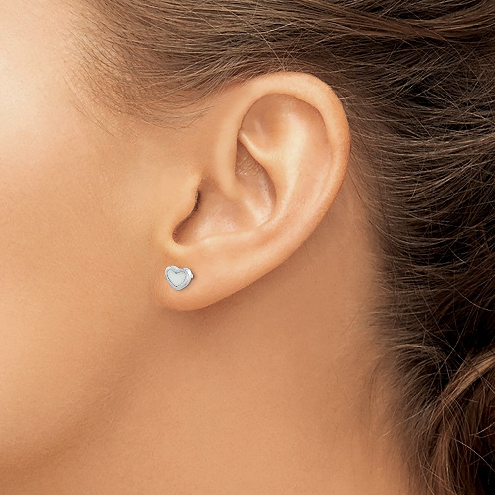 Sterling Silver Rhodium-Plated Mother Of Pearl Heart Post Earrings