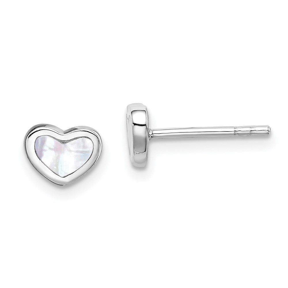 Sterling Silver Rhodium-Plated Mother Of Pearl Heart Post Earrings