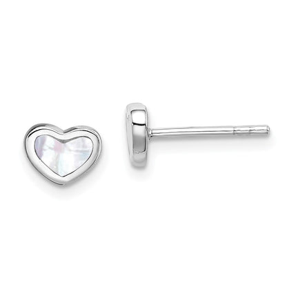Sterling Silver Rhodium-Plated Mother Of Pearl Heart Post Earrings