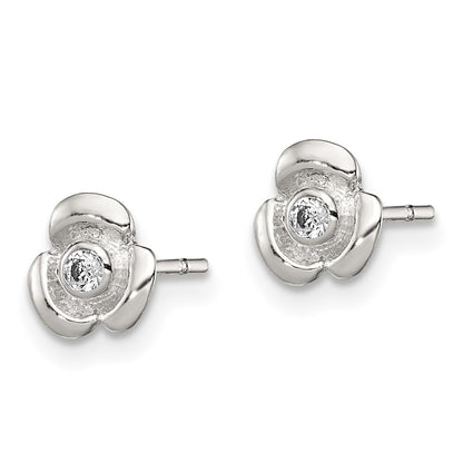 Sterling Silver Polished Flower With Cz Children'S Post Earrings
