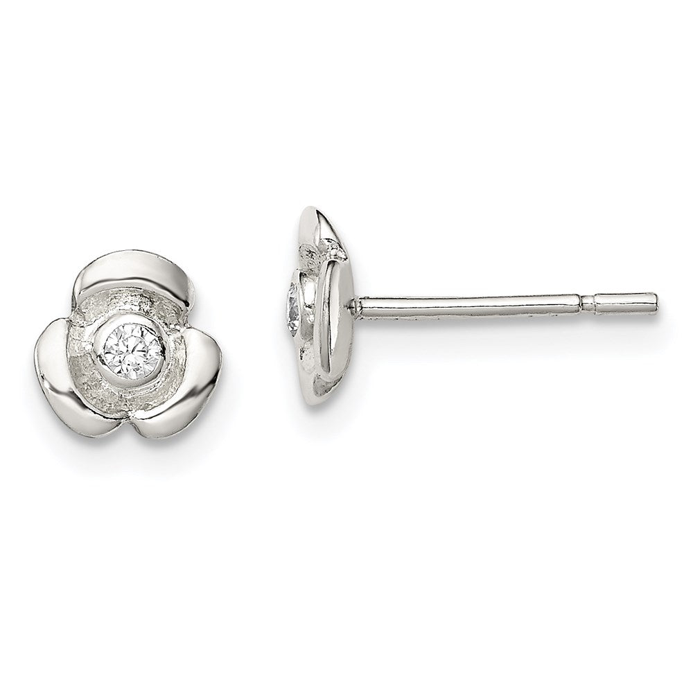 Sterling Silver Polished Flower With Cz Children'S Post Earrings