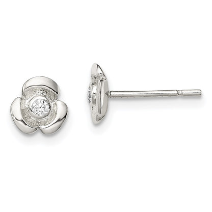 Sterling Silver Polished Flower With Cz Children'S Post Earrings