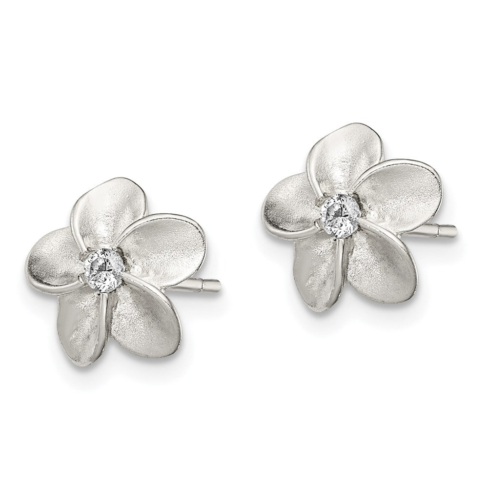Sterling Silver Polished & Satin Cz Flower Post Earrings