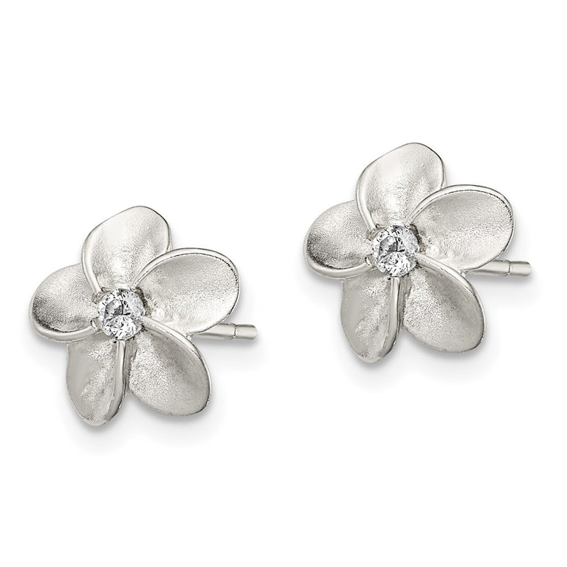 Sterling Silver Polished & Satin Cz Flower Post Earrings
