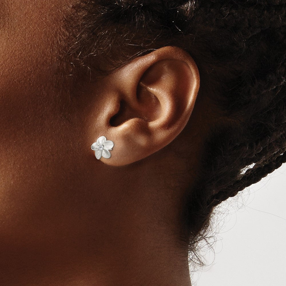 Sterling Silver Polished & Satin Cz Flower Post Earrings