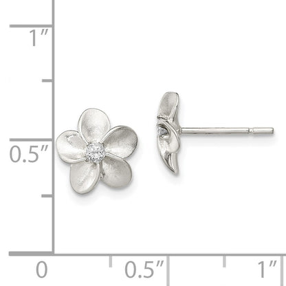 Sterling Silver Polished & Satin Cz Flower Post Earrings