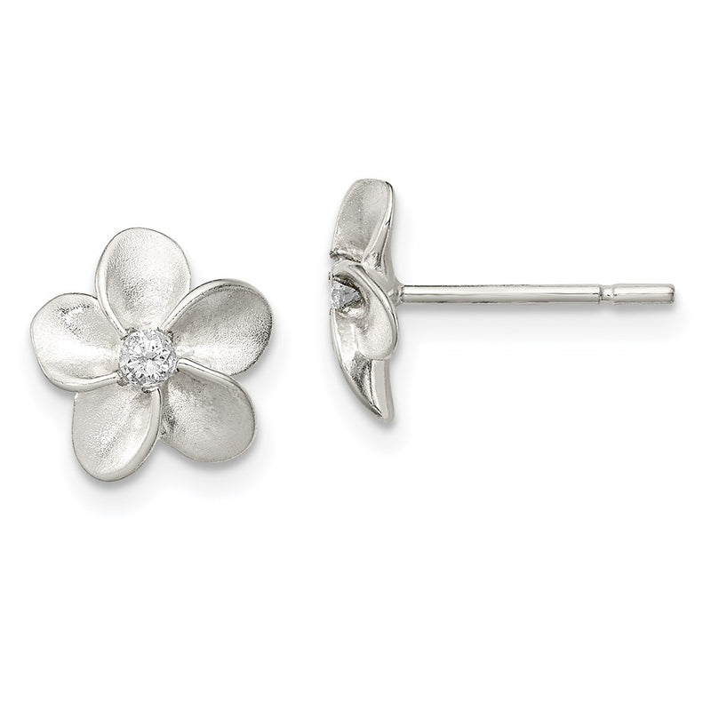 Sterling Silver Polished & Satin Cz Flower Post Earrings