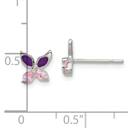 Sterling Silver Pink Cz & Purple Enamel Butterfly Children'S Post Earrings