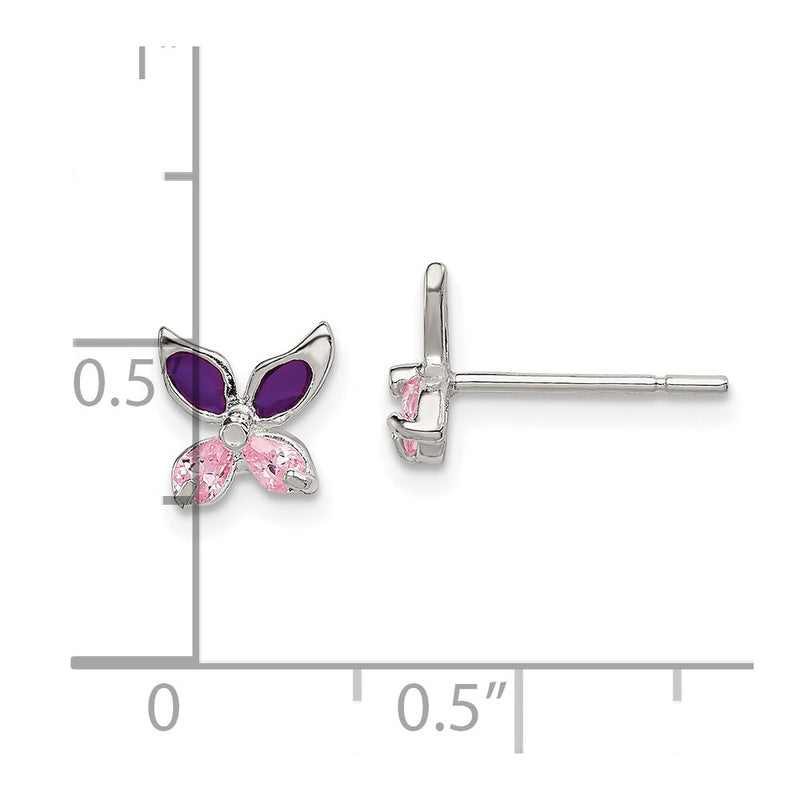 Sterling Silver Pink Cz & Purple Enamel Butterfly Children'S Post Earrings