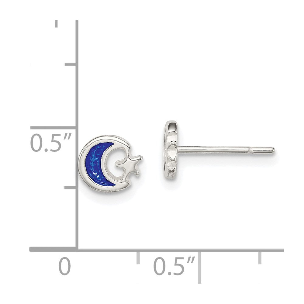 Sterling Silver Polished Blue Enamel Moon & Star Children'S Post Earrings