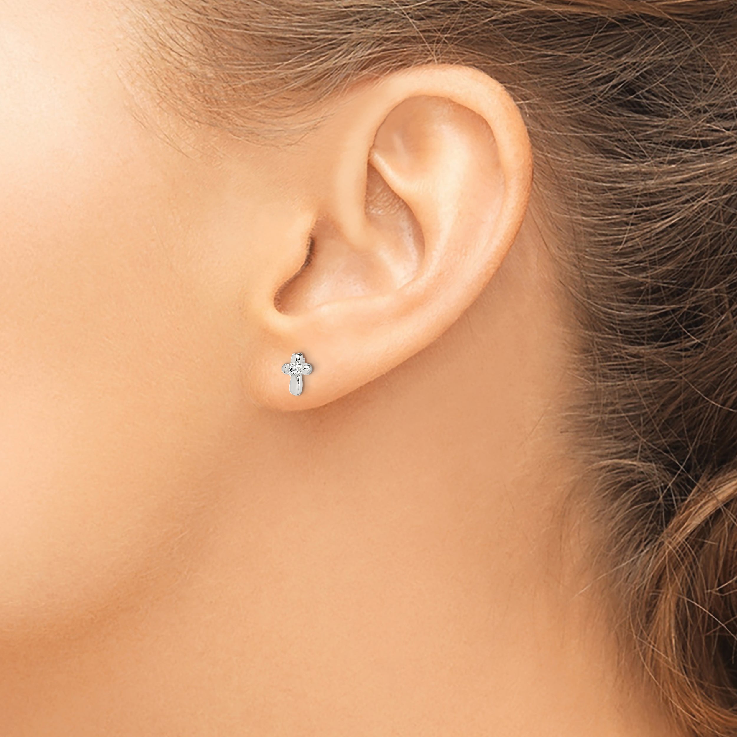 Sterling Silver Polished Cross With Cz Post Earrings