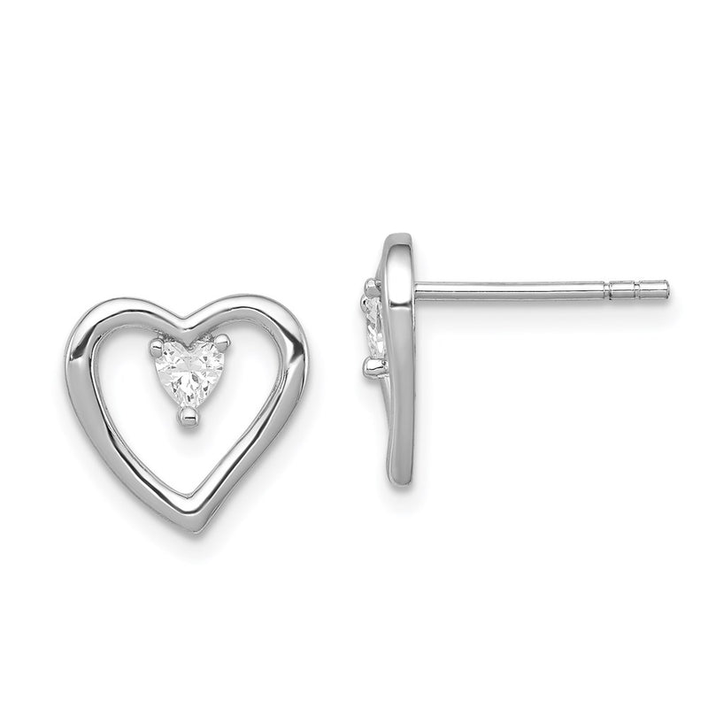 Sterling Silver Rhodium-Plated Cz Polished Heart Post Earrings