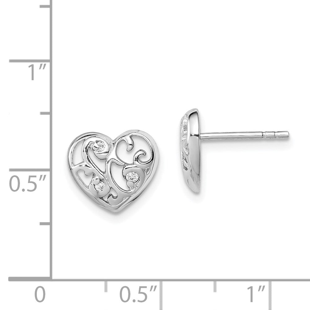 Sterling Silver Rhodium Plated Cz Heart Post Earrings