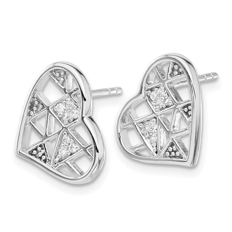 Sterling Silver Rhodium Plated Cz Heart Post Earrings