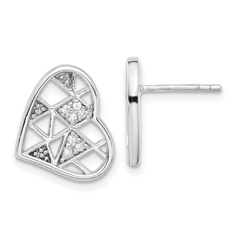 Sterling Silver Rhodium Plated Cz Heart Post Earrings