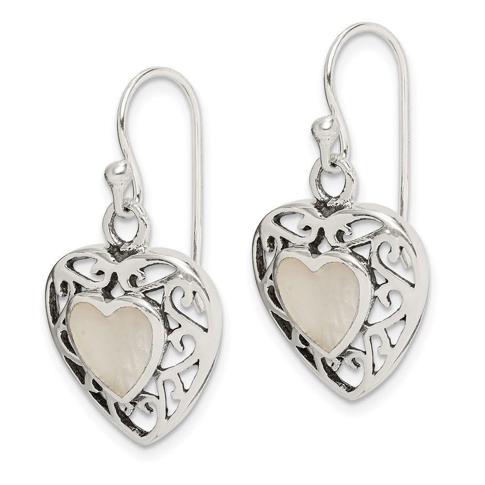 Sterling Silver Antiqued Mother Of Pearl Heart Dangle Earrings