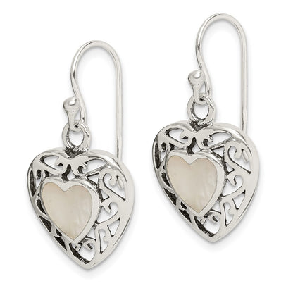Sterling Silver Antiqued Mother Of Pearl Heart Dangle Earrings