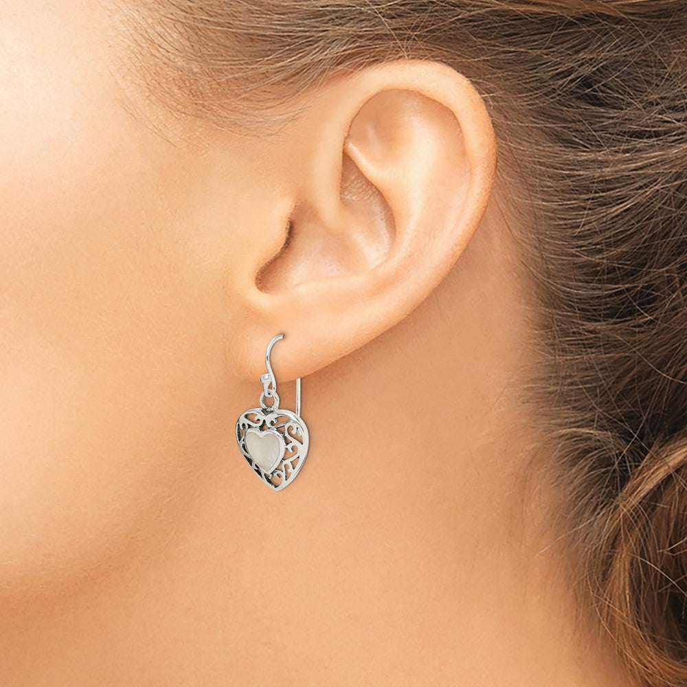 Sterling Silver Antiqued Mother Of Pearl Heart Dangle Earrings