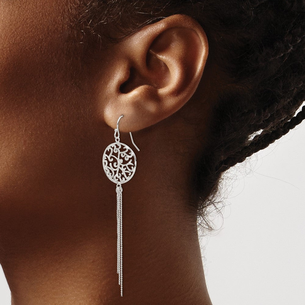 Sterling Silver Polished & Diamond-Cut Filigree Circle Chain Dangle Earri