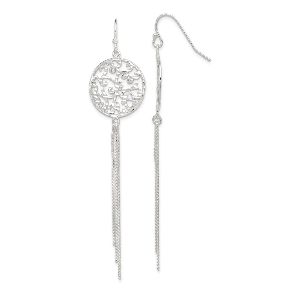Sterling Silver Polished & Diamond-Cut Filigree Circle Chain Dangle Earri