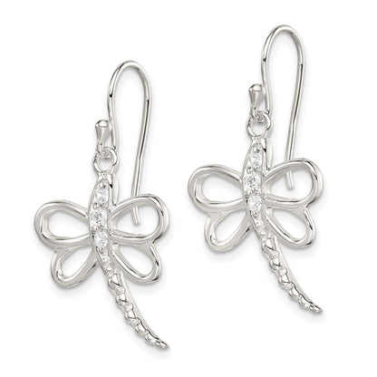 Sterling Silver Cz Dragonfly Shepherd Hook Earrings