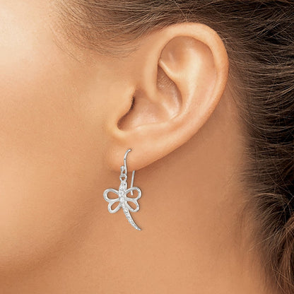 Sterling Silver Cz Dragonfly Shepherd Hook Earrings