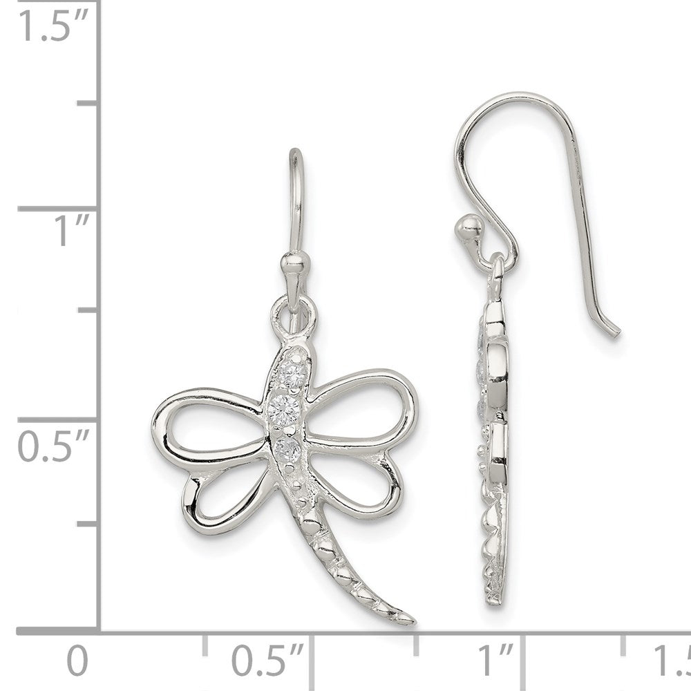 Sterling Silver Cz Dragonfly Shepherd Hook Earrings