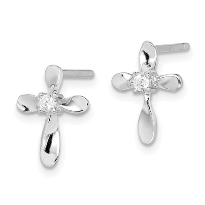 Sterling Silver Rhodium-Plated Polished Cz Cross Post Earrings