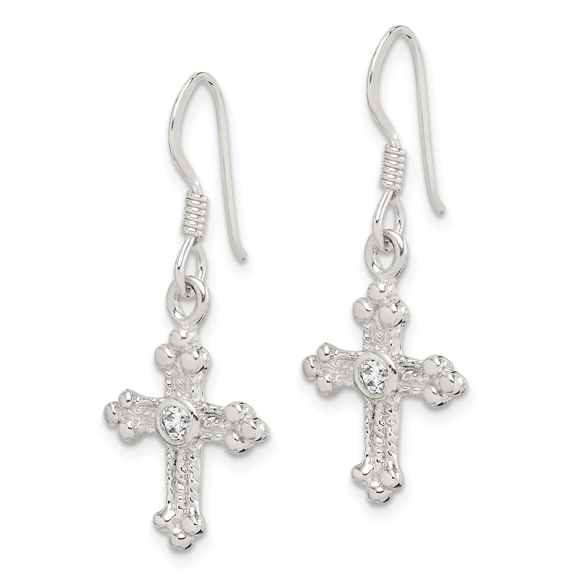 Sterling Silver Polished & Textured Cz Budded Cross Dangle Earrings
