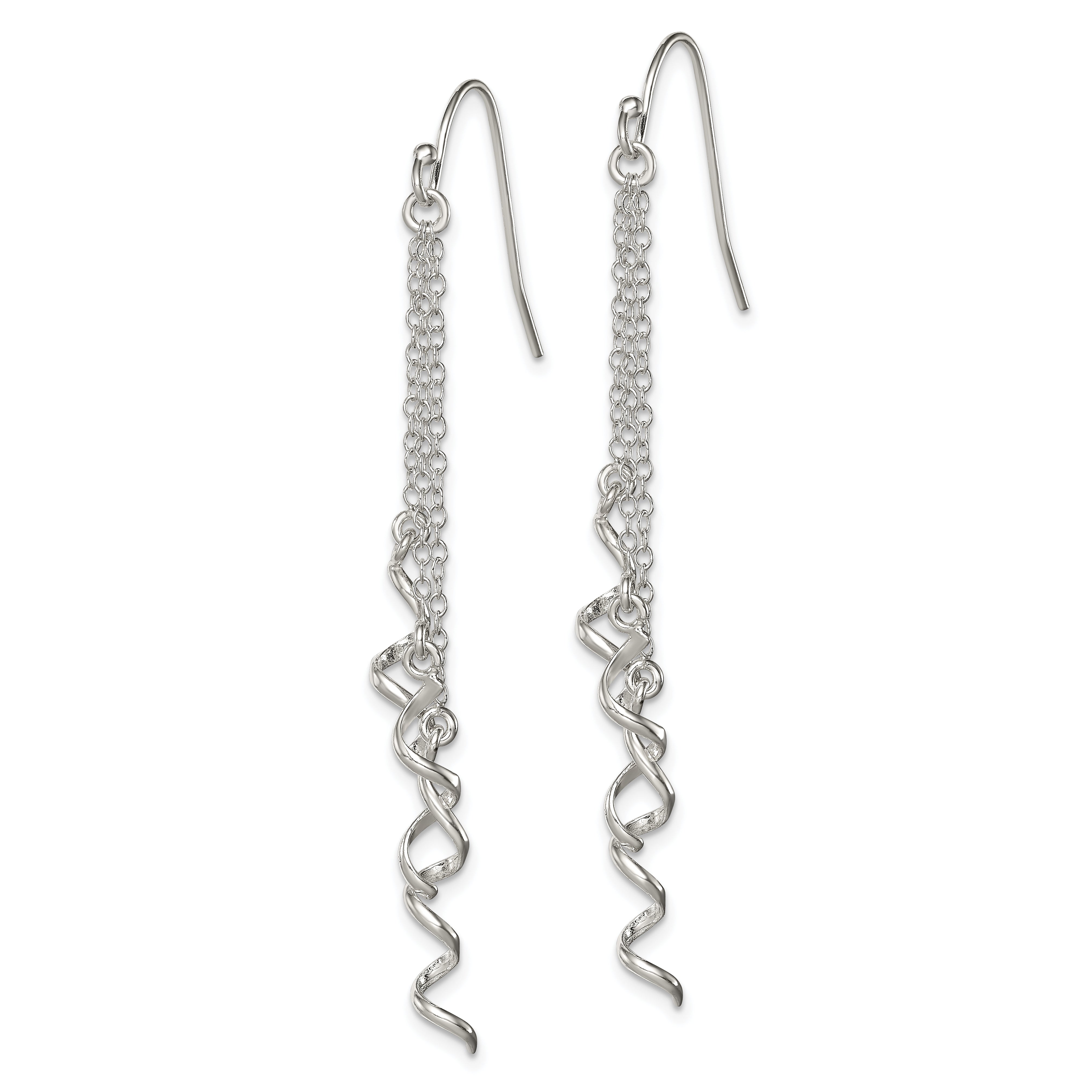 Sterling Silver Polished Multi-Strand Chain & Twisted Spirals Dangle Earrin