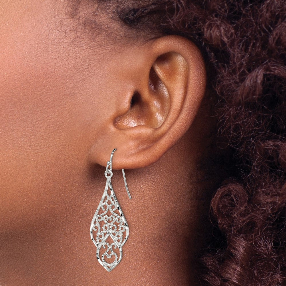 Sterling Silver Polished & Diamond-Cut Fancy Filigree Dangle Earrings
