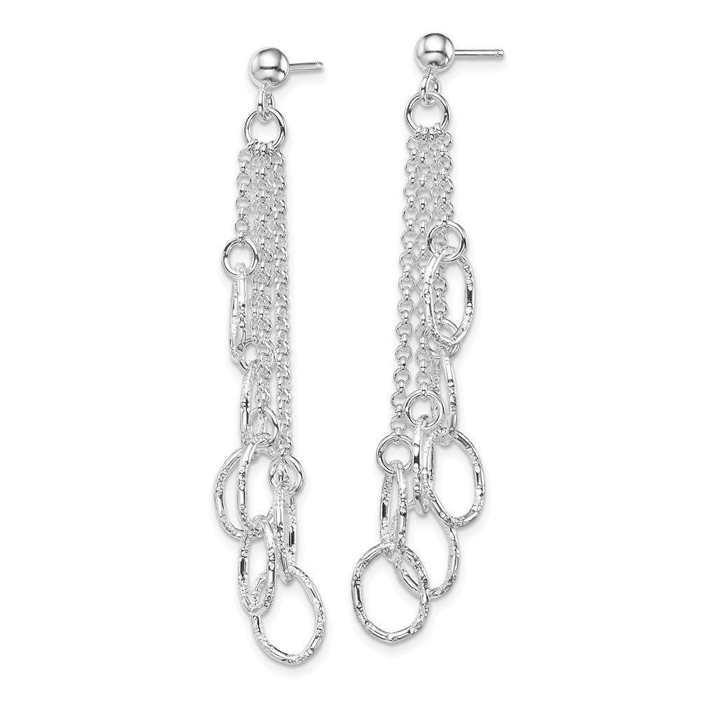 Sterling Silver Rh-Plated Polished Textured Oval & Chain Post Dangle Earrin