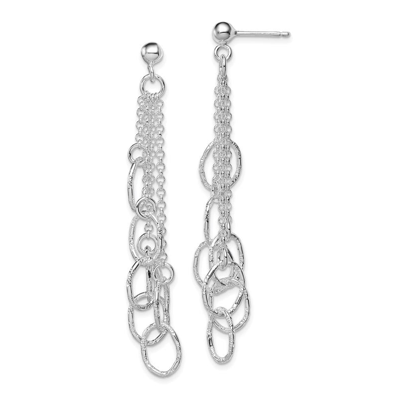 Sterling Silver Rh-Plated Polished Textured Oval & Chain Post Dangle Earrin