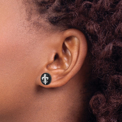 Sterling Silver Rhodium-Plated Cz Fleur De Lis Onyx Circle Stud Earrings