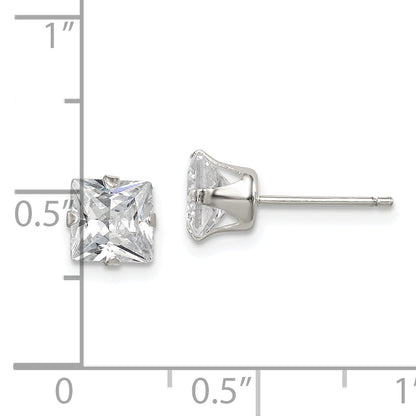 Sterling Silver Polished Princess 6mm Cz Snap Set Stud Earrings