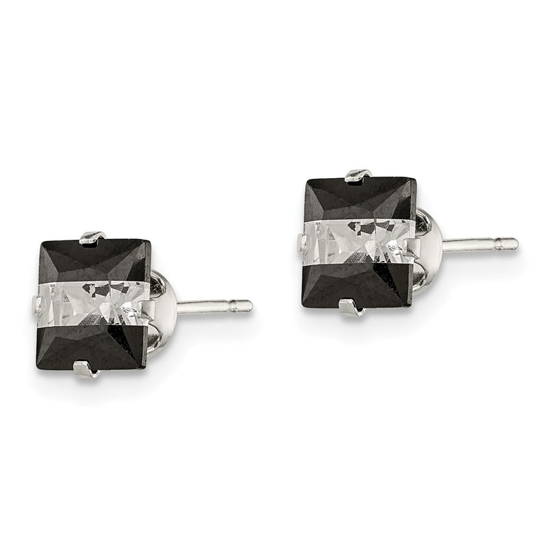 Sterling Silver Black & White 6mm Square Cz Snap-In Set Stud Earrings