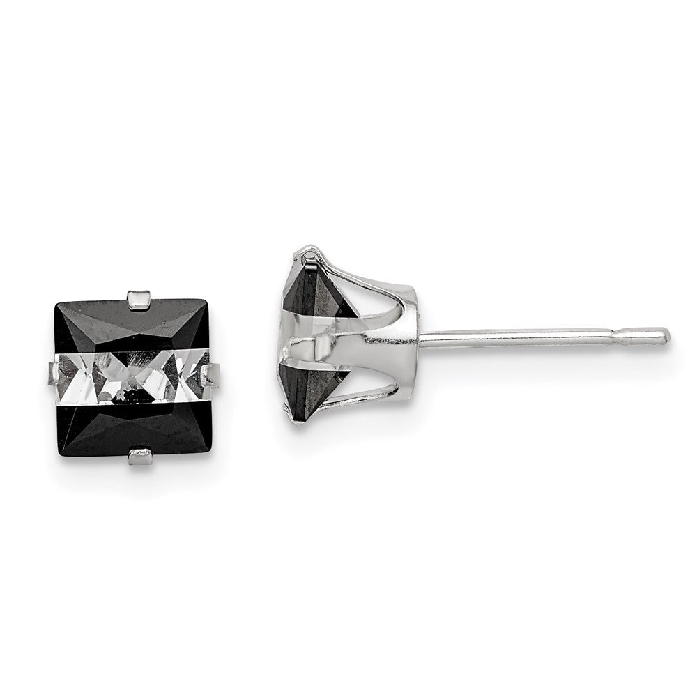 Sterling Silver Black & White 6mm Square Cz Snap-In Set Stud Earrings