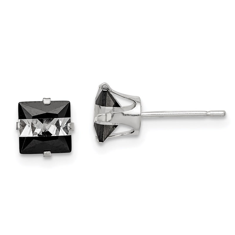 Sterling Silver Black & White 6mm Square Cz Snap-In Set Stud Earrings