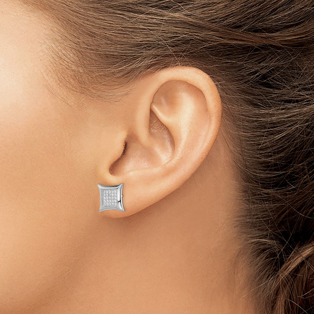 Sterling Silver Rhodium-Plated Polished Pav Cz Square Post Earrings