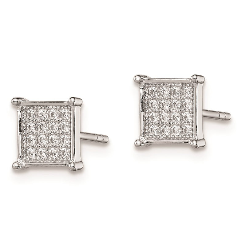 Sterling Silver Rhodium-Plated Polished Pav Cz Square Post Earrings