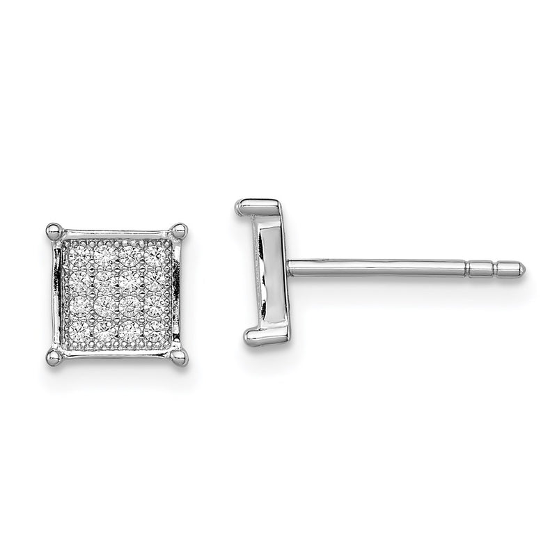 Sterling Silver Rhodium-Plated Polished Pav Cz Square Post Earrings