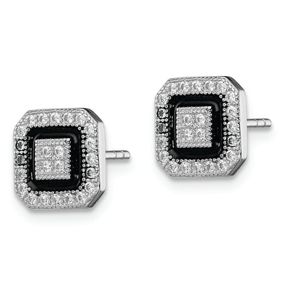 Sterling Silver Rh-Plated Black Enamel & Pav Cz Square Halo Post Earrings