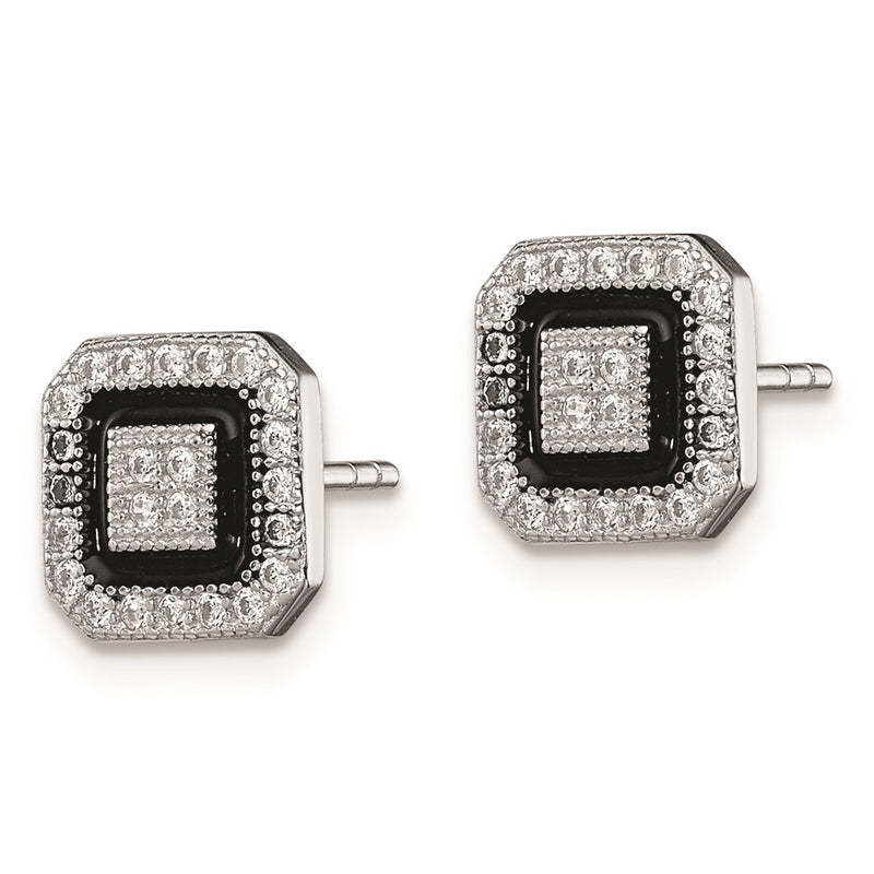 Sterling Silver Rh-Plated Black Enamel & Pav Cz Square Halo Post Earrings