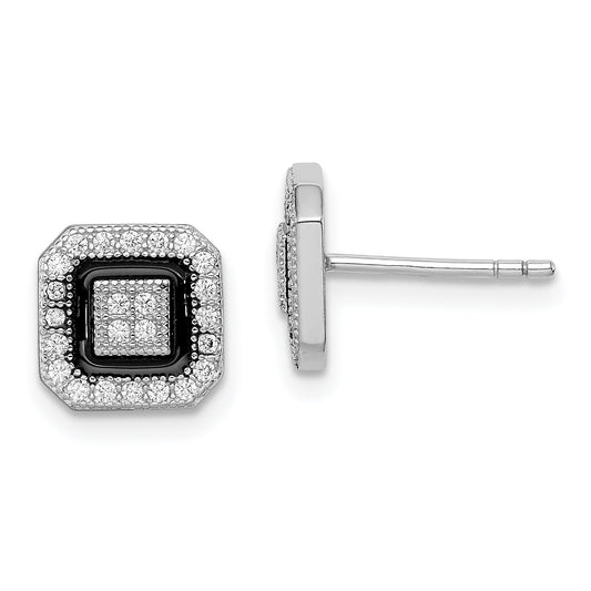 Sterling Silver Rh-Plated Black Enamel & Pav Cz Square Halo Post Earrings