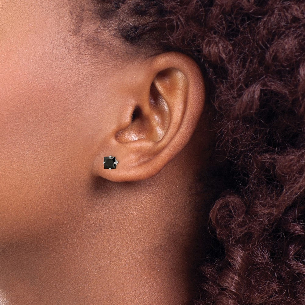Sterling Silver Polished Black Square 5mm Cz Snap-In Set Stud Earrings