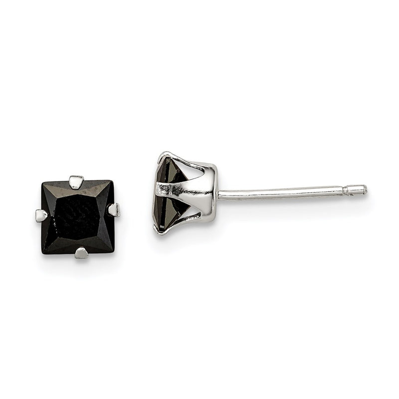 Sterling Silver Polished Black Square 5mm Cz Snap-In Set Stud Earrings