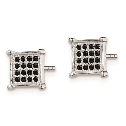 Sterling Silver Rhodium-Plated Black Pav Cz Square Post Earrings