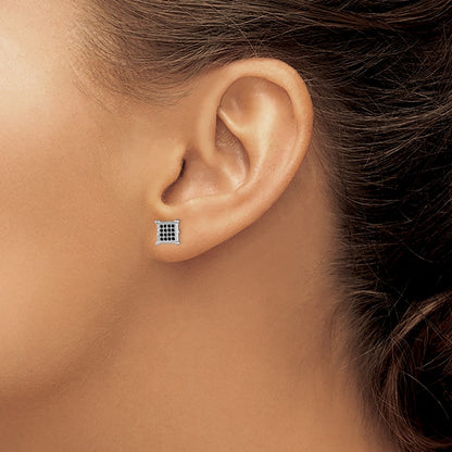 Sterling Silver Rhodium-Plated Black Pav Cz Square Post Earrings