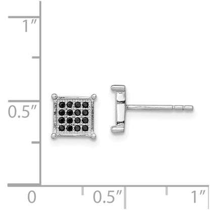 Sterling Silver Rhodium-Plated Black Pav Cz Square Post Earrings